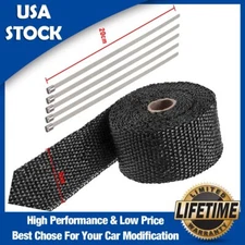 2" ROLL Motorcycle Black Fiberglass Exhaust Header Pipe Heat Wrap Tape Ties Kit/