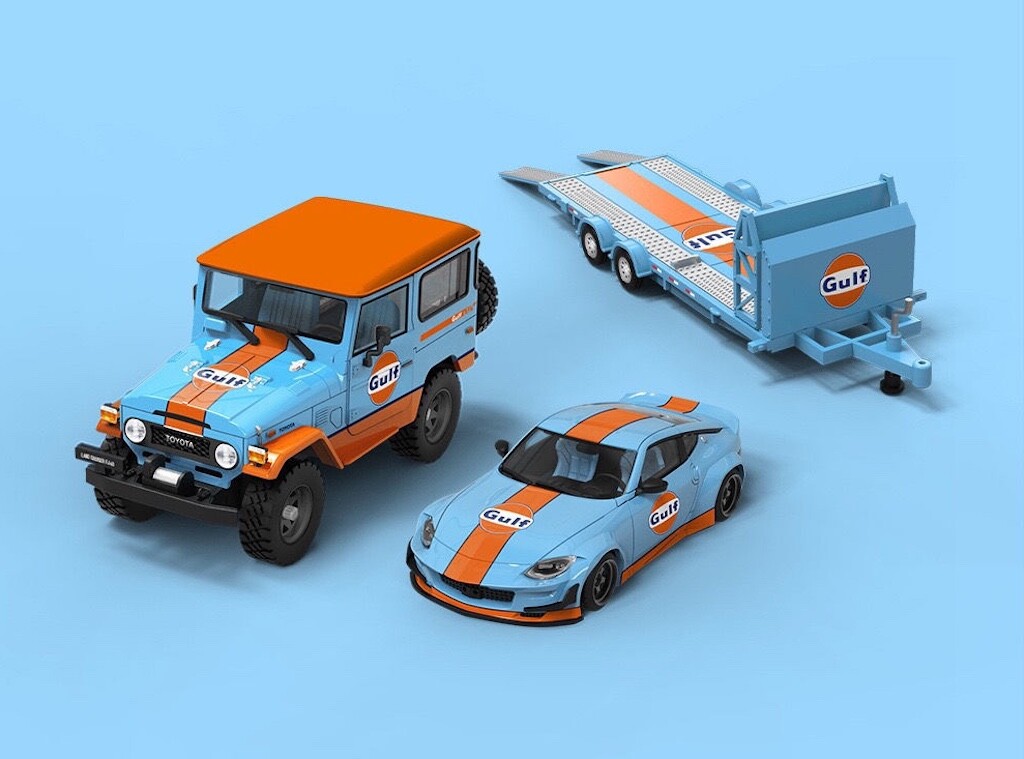 1/64 timemicro 400z + トレーラー + FJ40 ガルフ TM 1:64 Gulf Land Cruiser FJ40 400Z Coupe Trailer Model