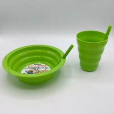 Kids Sip A Bowl And Sip A Cup Green Set of 2 Built In Straw Breakfast Cereal