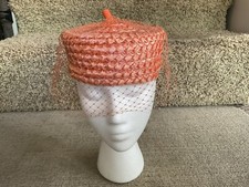 Vintage Orange Pillbox Straw Hat Union Made Tule Netting Veil
