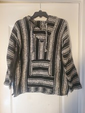 Mexican Poncho Baja Hood Blanket Jacket size SML Vertical stripe Hippie Pullover