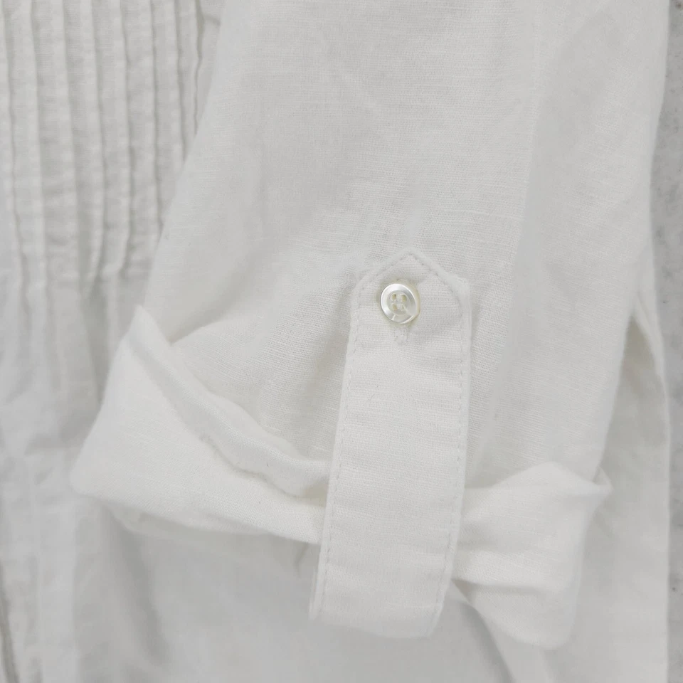 Camisa Blusa J. McLaughlin Blanca Mezcla de Lino Plisada Pestañas Enrollables Manga 3/4 PEQUEÑA Foto 3 de 4