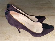 Prada Auth Purple Suede Classic Pump Ruffle Heel 4  Shoe Size 37.5 US 7
