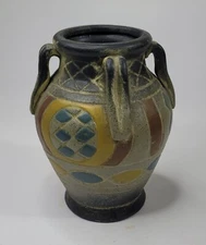 Rustic Distressed Primitive Mexican Aztec Terracotta Hand Painted Jug Vase