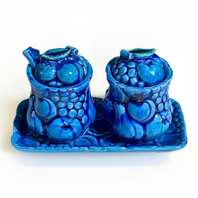 3 Piece 1960's MCM Inarco Mood Indigo Fruit Embossed Condiment Set Blue - READ