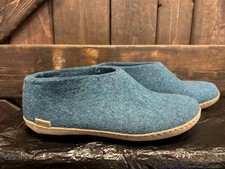 Glerups Shoe Petrol Wool Slipper With Natural Leather Bottom - EU Size 42