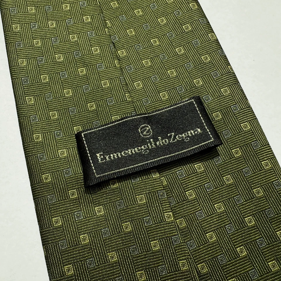 Ermenegildo Zegna Tie 4" x 58.5" Green Geometric Square Jacquard 100% Silk Italy - Image 4 of 4