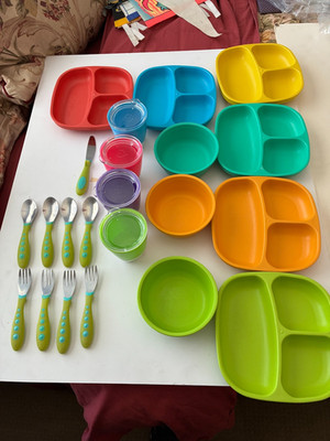 Lot of 22 Re Play BPA free & Gerber -Divided plates, Bowls, Utensils, Cups w/lid