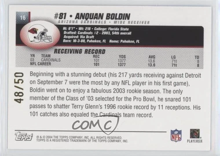 2004 Topps Signature Edition Blue /50 Anquan Boldin #16 - Image 2 of 2