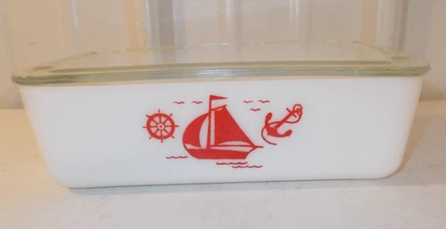 Vintage McKee Milk Glass With Red Sail Boat 8” x 5” Refrigerator Dish With Lid