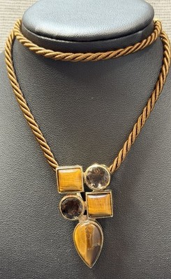 VTG Seta 925 Silver Vermeil Pendant Necklace Smoky Quartz Tigers Eye Brown Rope