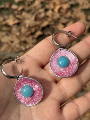 Handmade Tree of Life Earrings Stainless Steel Amazonite Pink Pearl Mica Resin 