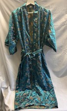 Vintage 60s 70s Chinese Silk Brocade Robe Teal Blue Pagoda Landscape Gown Size L