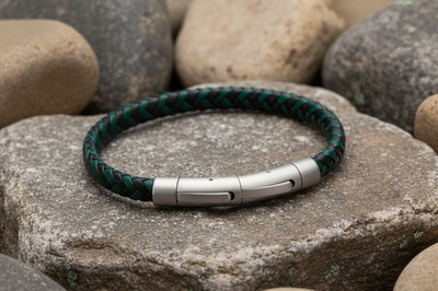 Fred Bennett Black and Forest Green Plaited Leather Bracelet 22.5cm B5375