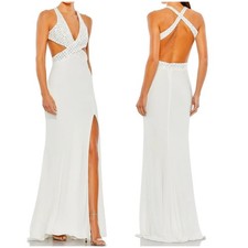 Mac Duggal NWT Floral Sequined Criss Cross Bodice Gown Size 10 White Cutout