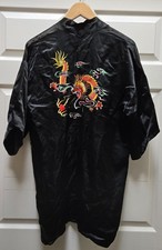 Vintage Chinese Golden Dragon Embroidered Satin Robe Kimono Size Small No Belt