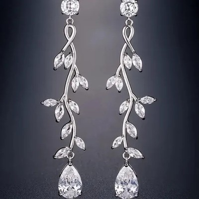 Geometric Copper Alloy Long Dangle Earrings with Cubic Zirconia for Women