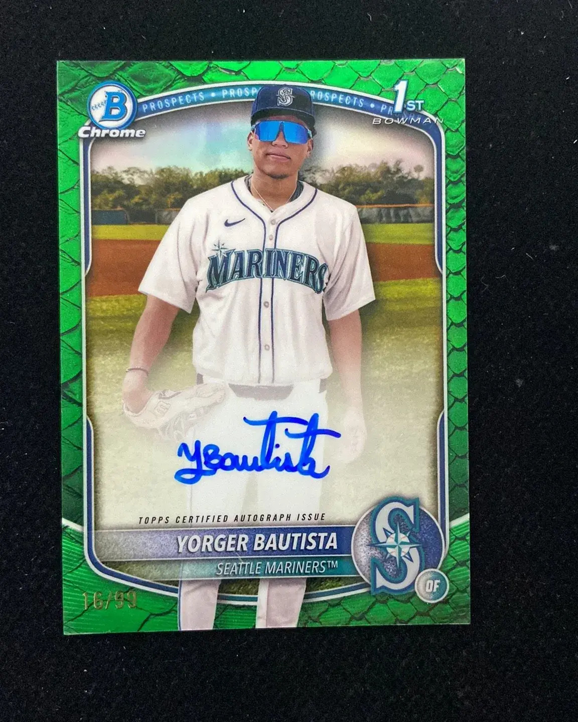 2025 Bowman Chrome Prospects Green Reptilian Yorger Bautista 1st Auto 16/99 J85