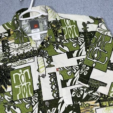 Quicksilver Hawaiian Aloha Shirt Mens Large Slub Weave Green Tiki Beach Cruise 