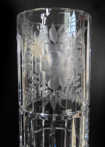 VTG Bohemian Hand Cut Floral Etch Lead Crystal Tall 12" Glass Vase Czech Signed - Afbeelding 3 van 17