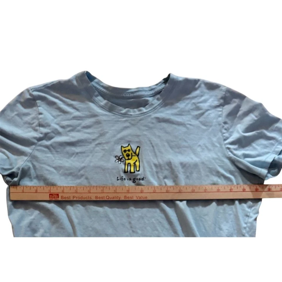 Camiseta Life Is Good Unisex Azul L Amarilla Perro Gráfico Informal Vibraciones Positivas Foto 4 de 4