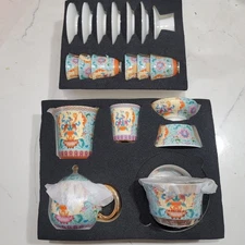 NEW Ceramics Teapot & Coffee Tea Mugs Set with Bowl Brass Accents 