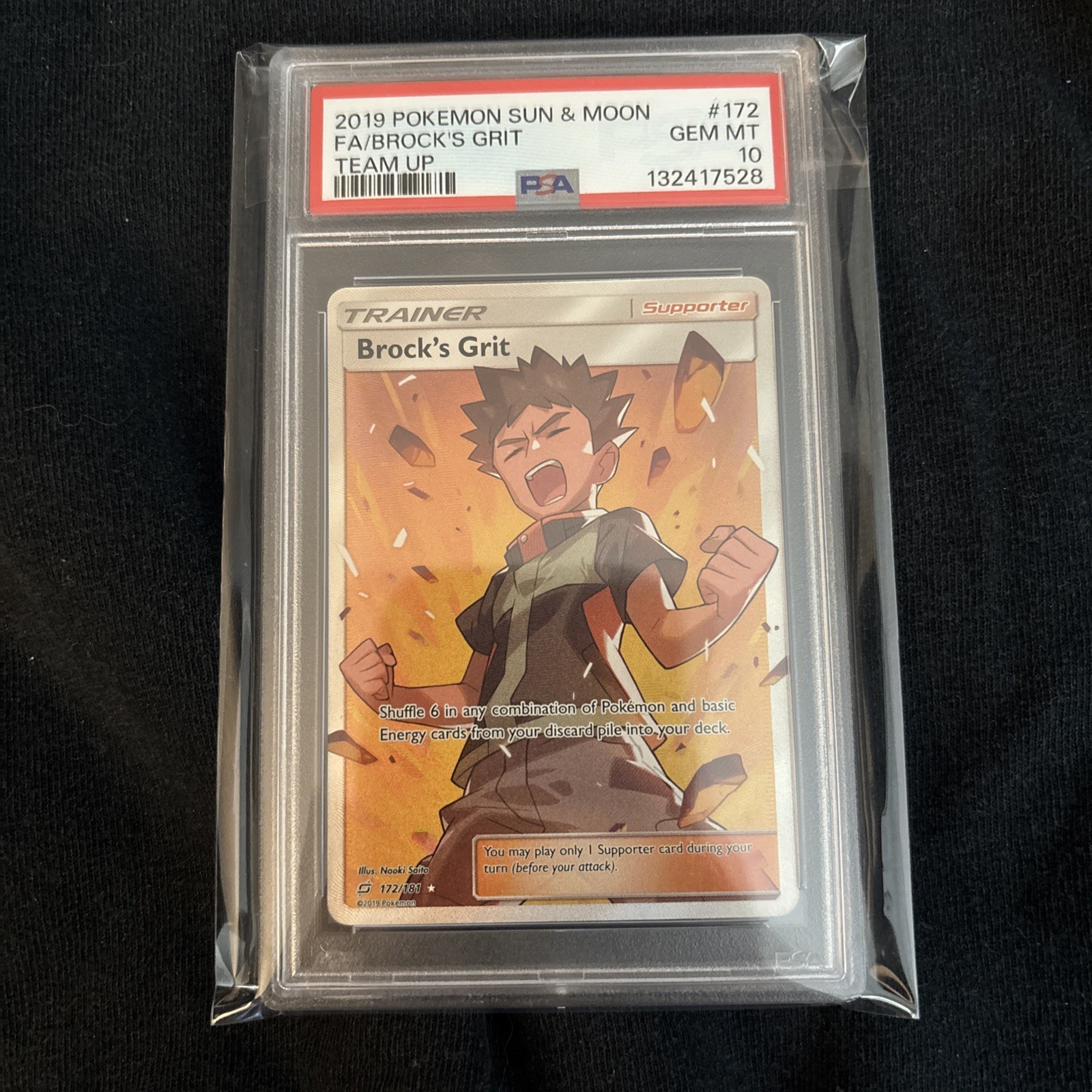2019 POKEMON SUN & MOON TEAM UP #172 FULL ART/BROCK'S GRIT PSA 10