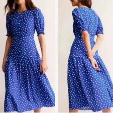 Boden Liv Pleat Polka Dot Puff Sleeve Midi Dress 4P Petite Blue white