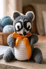 Handmade Crochet Raccoon Plush 8" Grey White Amigurumi Soft Fluffy Tail