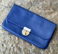 Longchamp Clutch Purse Pochette Wallet With Lock & Key Blue Leather Le Foulonné