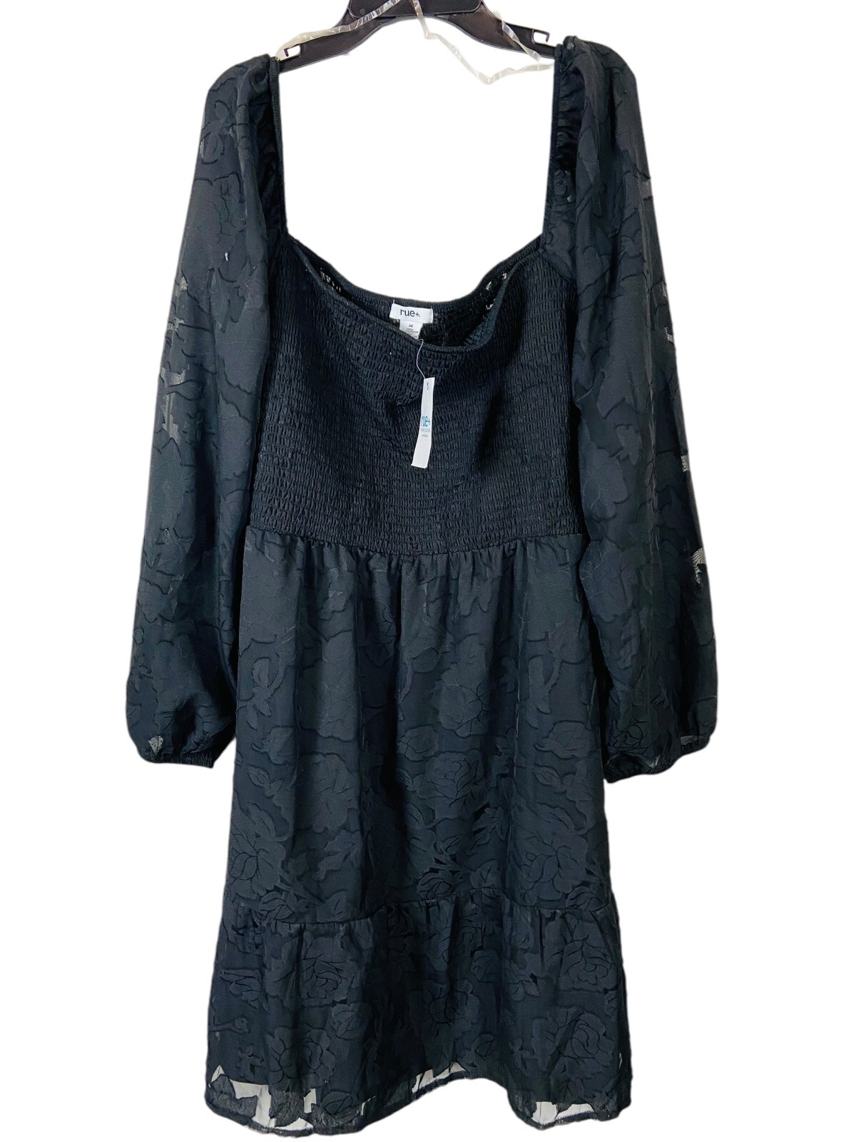 NWT Rue Smocked Floral Textured Babydoll Mini Dress Black Square Neck Size 3X