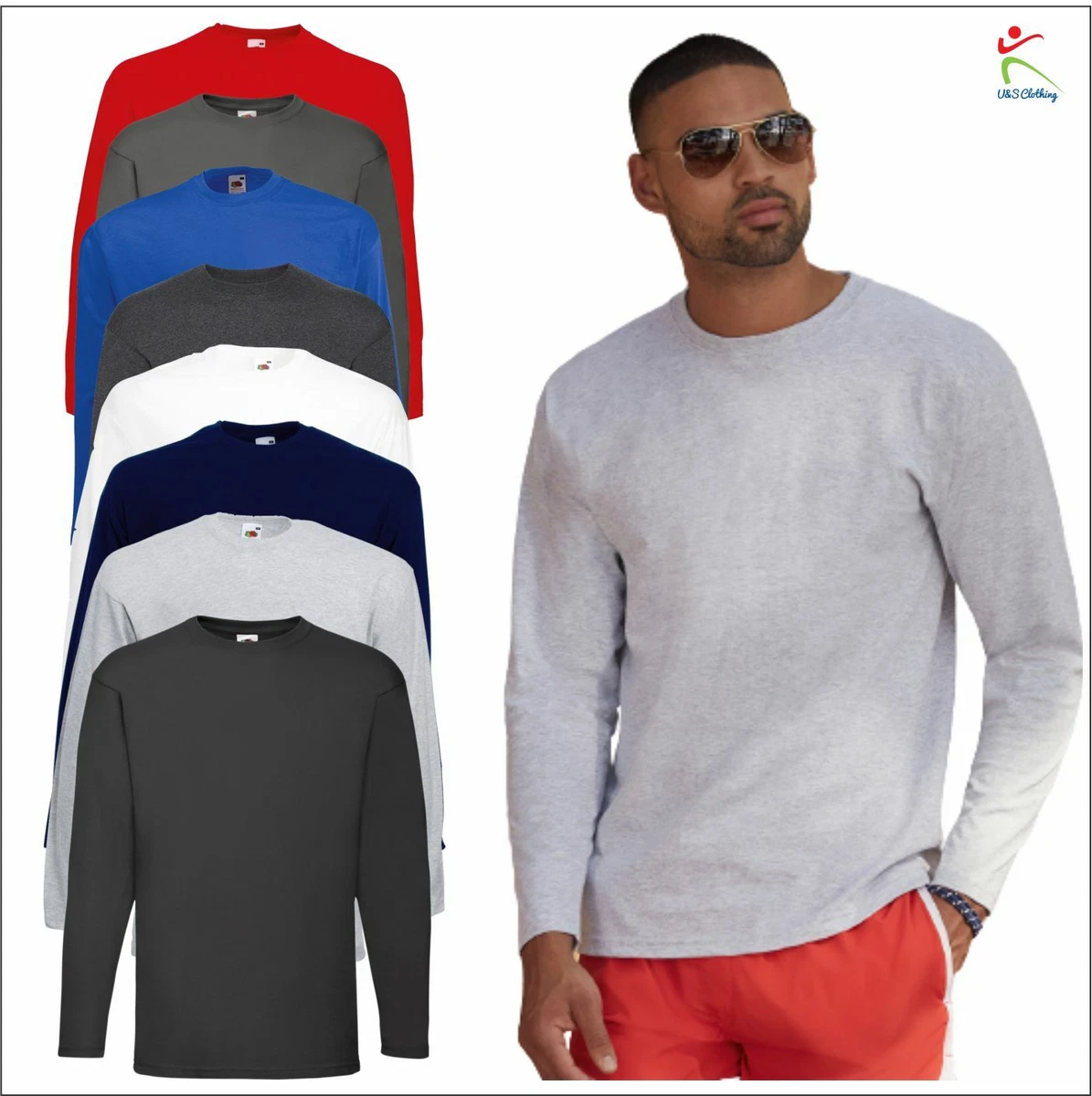 Fruit of the Loom Mens Valueweight Long Sleeve T-Shirt Plain Cotton Round  Neck T