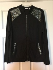 ZENERGY BY CHICO S Jacket Size 1 Full Zip Hooded Beaded Pockets Dark Gray