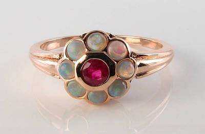 CLASS 9CT 9K ROSE GOLD RUBY & OPAL DAISY ART DECO INS CLUSTER RING FREE RESIZE