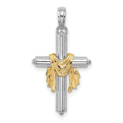Cross Drape Charm In Real 14k Yellow Two Tone Gold - Picture 1 of 4