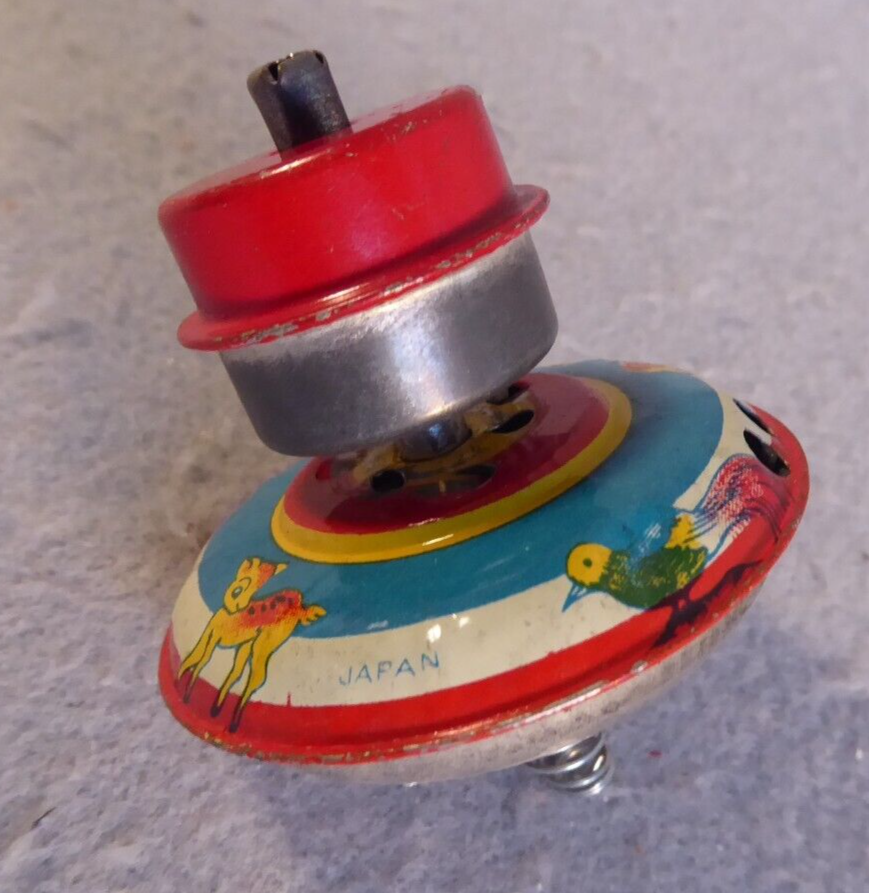 Spinning Tin Top Toy Japan with Winder Lion Bird Deer 1950’s 2