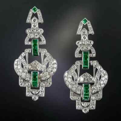 Art Deco Style Lab Created Diamond & Emerald Wedding 14K White Gold FN Earrings