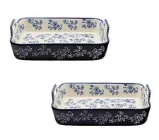 Temp-tations Floral Lace Set of 2 9"x13" Ceramic Baker w/ Upswept Handles Blue