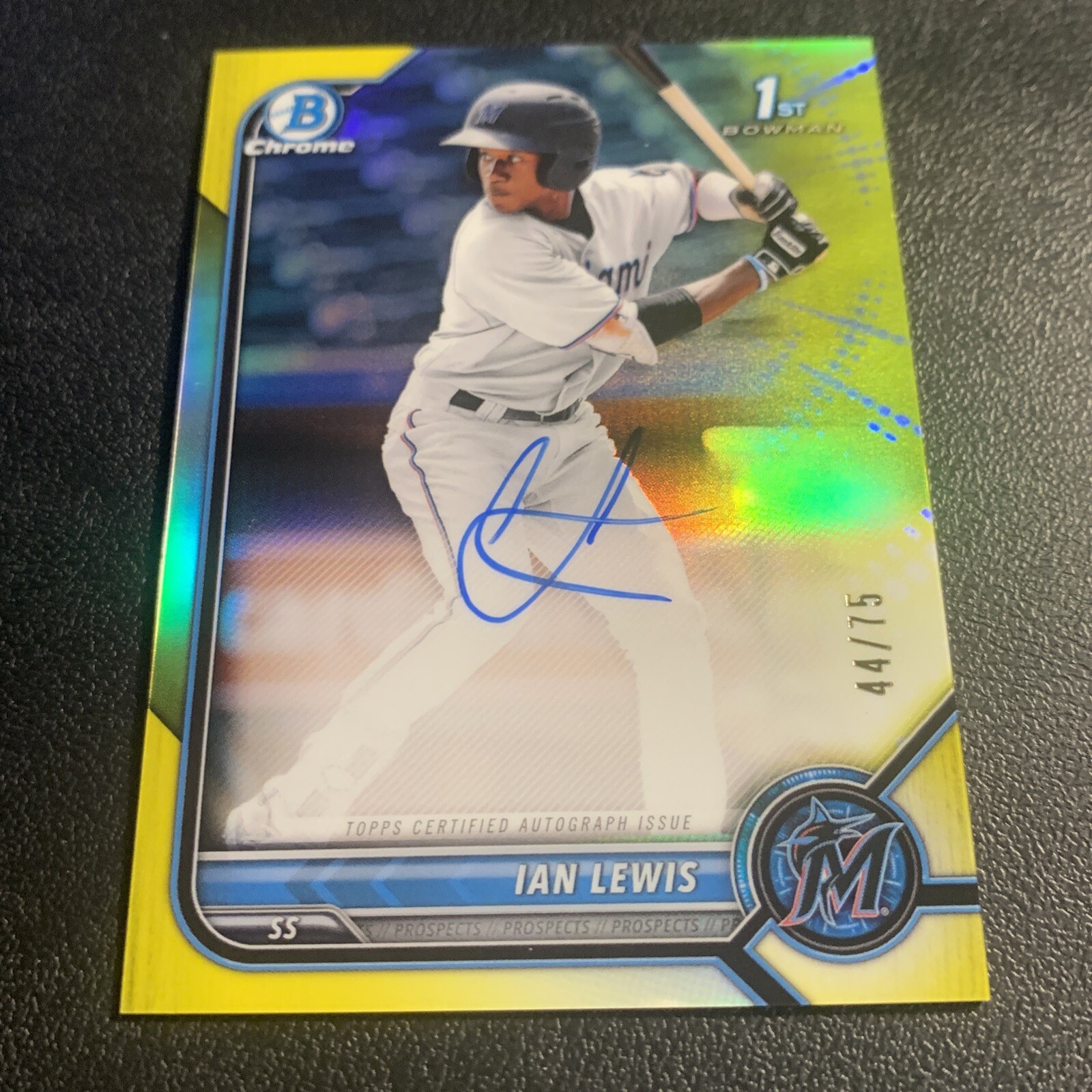 2022 Bowman Chrome 1st Ian Lewis Auto /75 Yellow Refractor Marlins