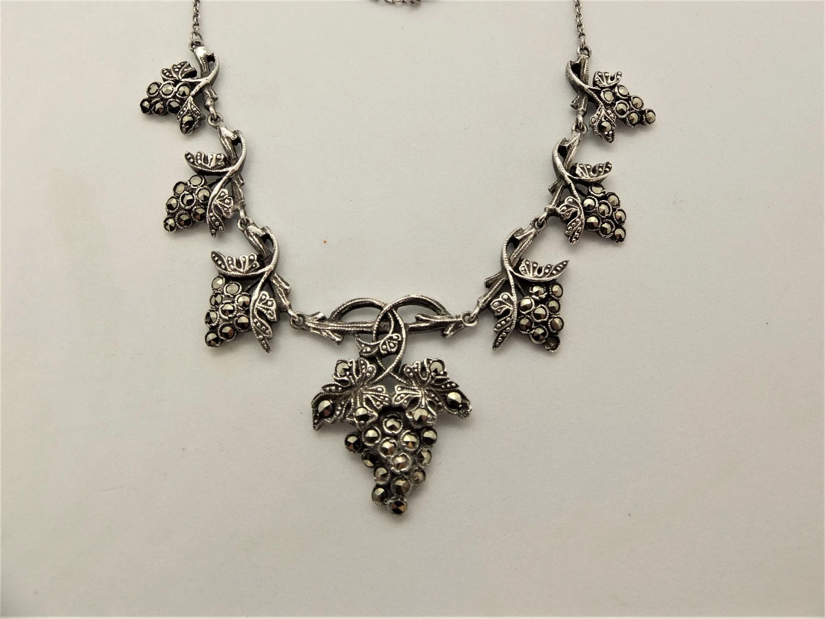 Vintage Marcasite sterling silver lavaliere Grape leaf necklace