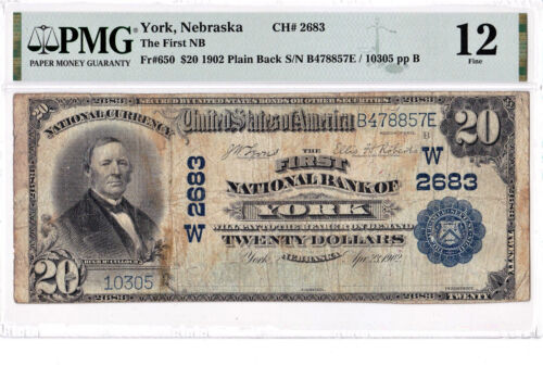 $20 1902 PB National YORK Nebraska NE ((Rarely Seen)) PMG 12 Fine - Picture 1 of 2