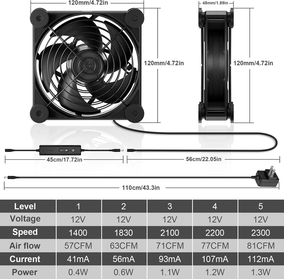 Computer Fan 120mm AC DC Cooling Fan 5 Speed Controller Quiet PC Chassis Fan - Image 4 of 4