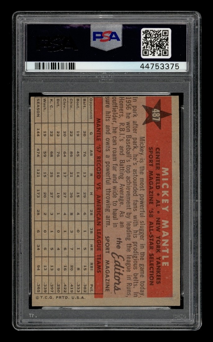 1958 Topps Set-Break #487 Mickey Mantle All Star PSA 7 NM view 2