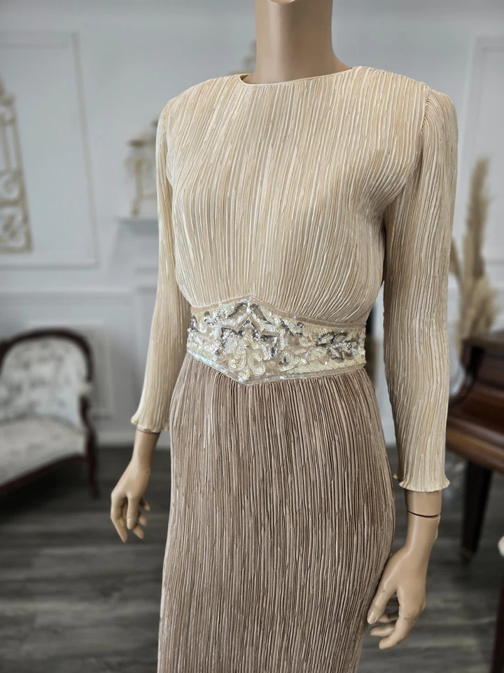 Vestido de festa cinza rosa vintage anos 80 bege acastanhado cetim lantejoulas cinto tamanho 6 - Imagem 2 de 3