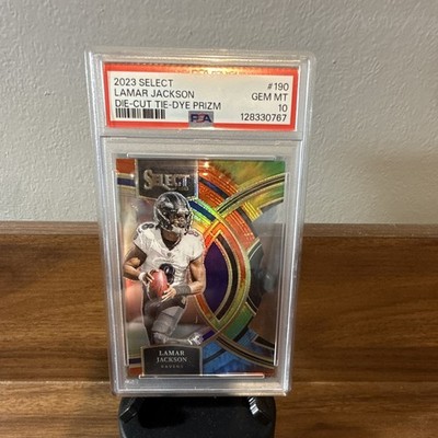 Panini 2023 Select Football Lamar Jackson Tie-Dye Prizm Die-Cut #190 /25 PSA
