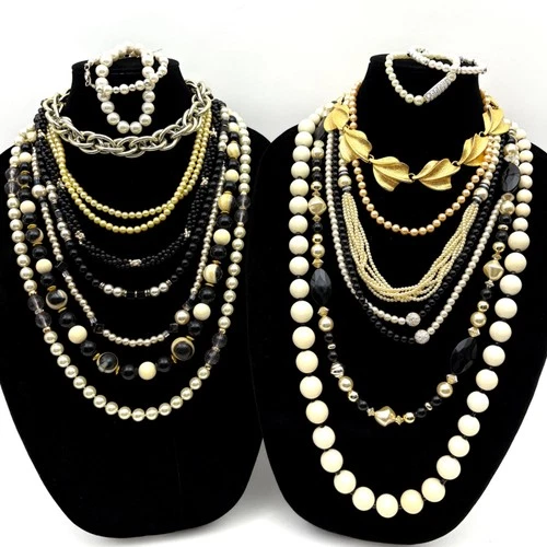 Vintage Costume Jewelry Lot Black Gold-Tone White Necklace Bracelet Mix