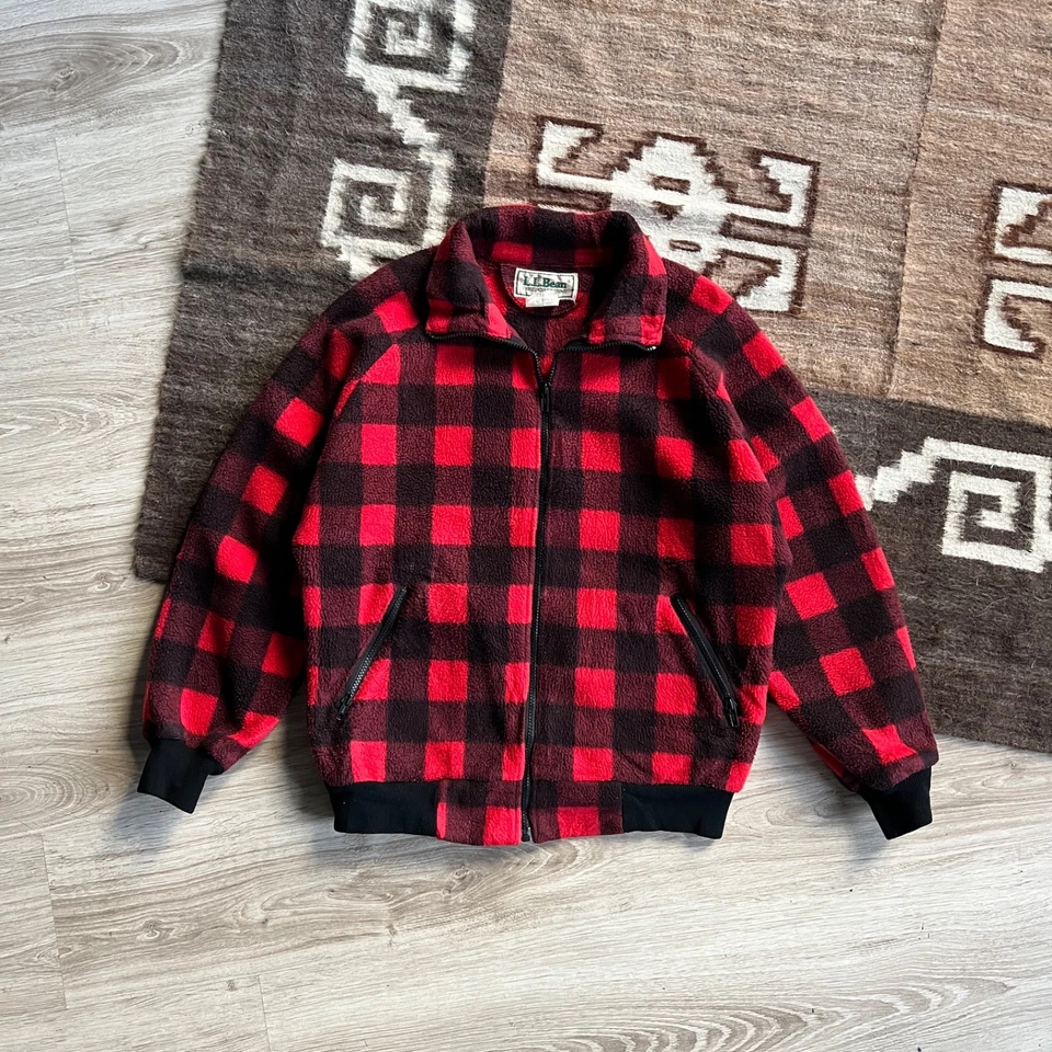 L.L. Bean Men Vintage USA Made Buffalo Plaid Red Polarplus Fleece Jacket Size L - Image 2 of 4