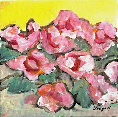 Wild Pink Roses Original Signed 8'' x 8'' Colorful Acrylic Painting on Canvas