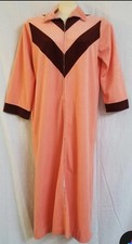 Vintage Zip In Velour Robe Peach/Brown Chevron Stripe House Dress Sleepwear 70s