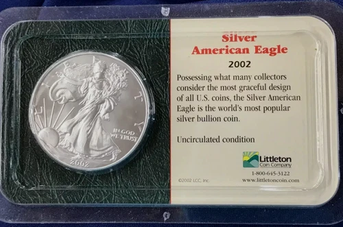 2002 American .999 Silver Eagle Dollar Uncirculated Littleton Holder
